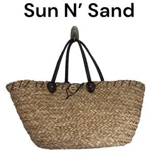 Sun N' Sand Large Dual Strap Shoulder Tote  Handbag Woven Basket Bag Brown